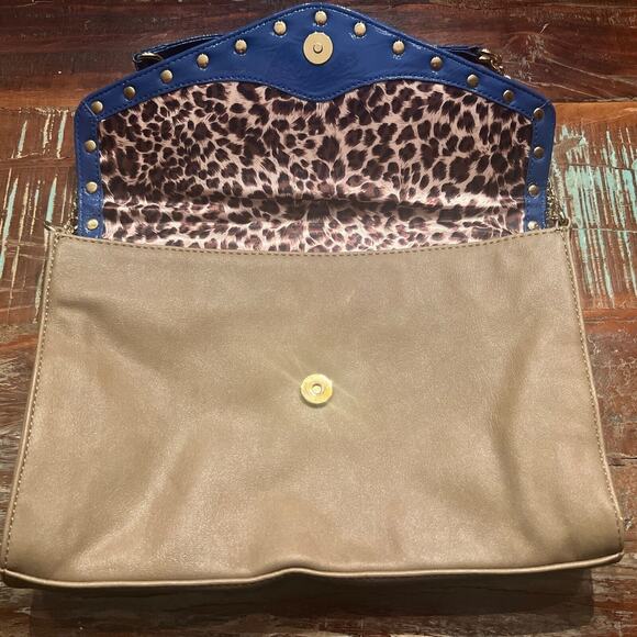 Kate Landry Tan Shoulder Bag Purse With Blue And Gold Accents Cheetah Lining - Picture 7 of 10